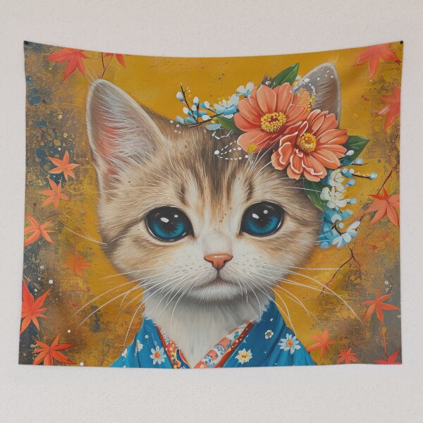 Item preview, cute Maiko cat in kimono, Japanese kawaii art illustration designed and sold by WallyPink.