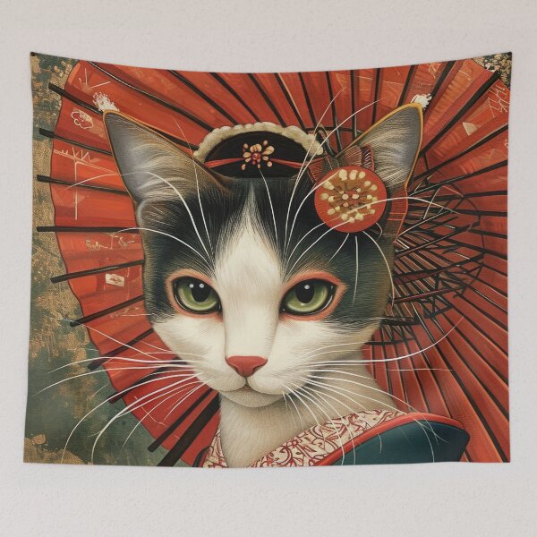 Item preview, cute Maiko cat in kimono, Japanese kawaii art illustration designed and sold by WallyPink.