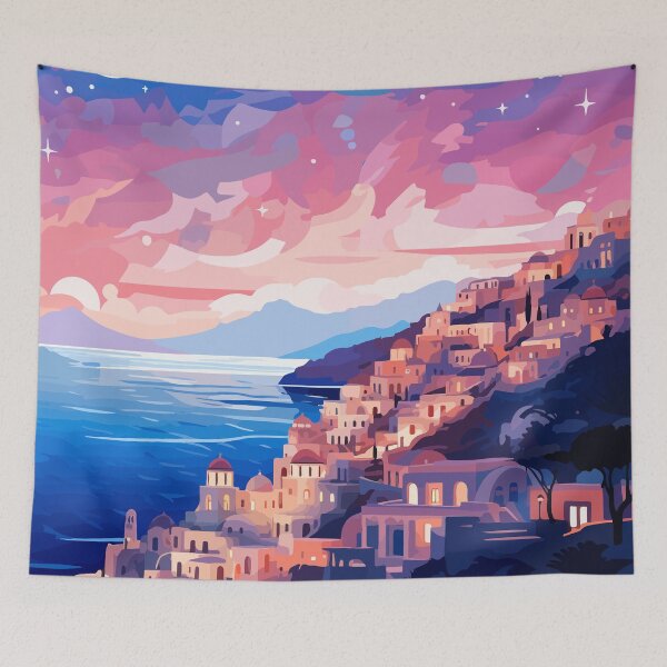 Item preview, Peaceful Santorini Greece Blue Pink Sunset Art designed and sold by LVTFCOarts.