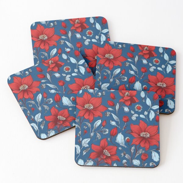 Item preview, Red Flowers on Blue and Sketched Design | Perfect Gift Idea designed and sold by JOY STORE 45.