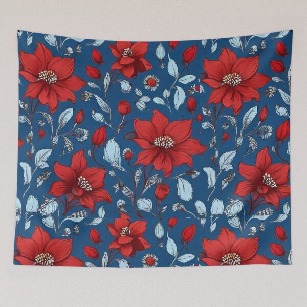 Item preview, Red Flowers on Blue and Sketched Design | Perfect Gift Idea designed and sold by JOY STORE 45.