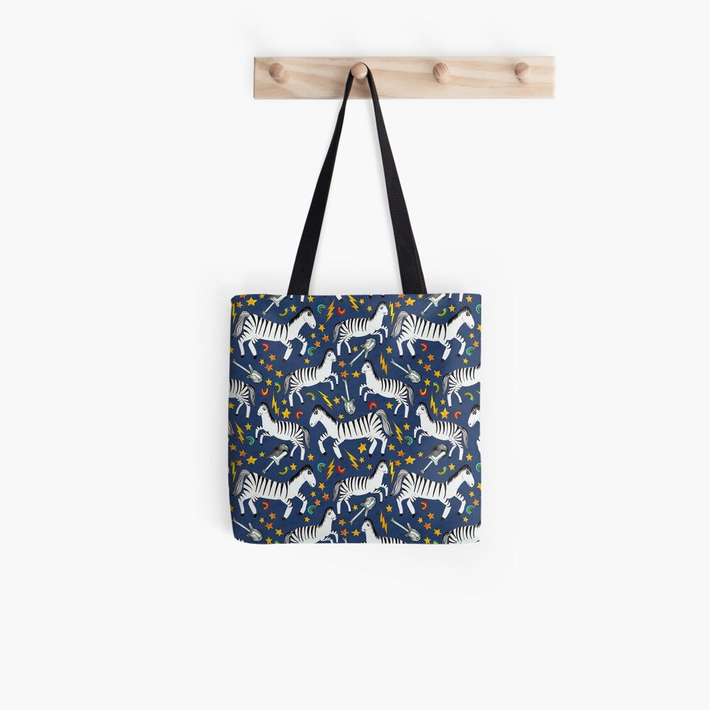 Rockin Rainbow Zebras on Blue Tote Bag