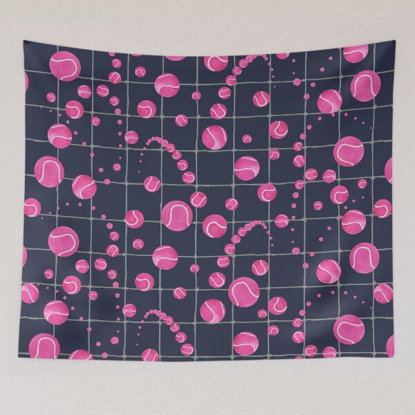 Item preview, bouncing magenta tennis balls on midnight blue designed and sold by Catherine Wallace Art.