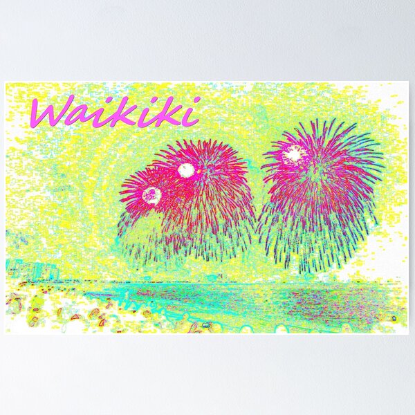 Pink Fireworks on the beach in front of The Halekulani Hotel Poster
