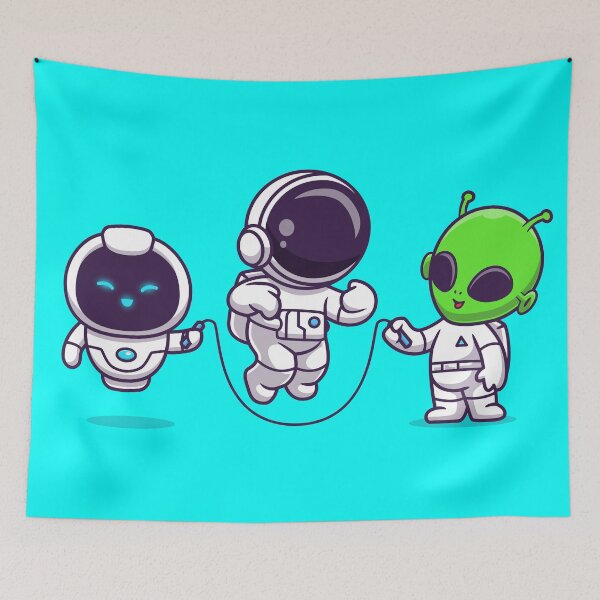 Item preview, Interstellar Playtime: Cute Astronaut Jumps Rope with Alien and Robot designed and sold by hjian8219.