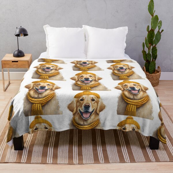 Item preview, happy golden retriever dog wearing yellow knitted pom pom hat and scarf designed and sold by planetgolden.