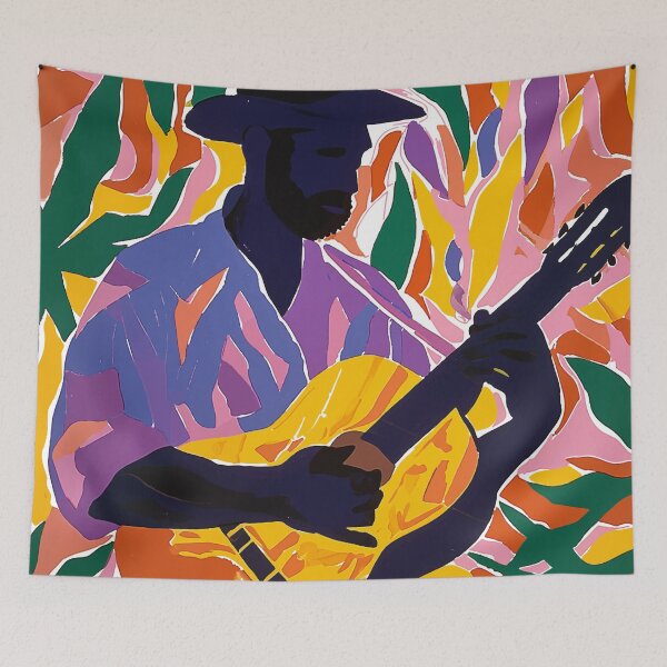 Item preview, Henri Matisse Style Jazz Musician Warming Up, Colorful Linocut Linoprint Exotic Vivid Colors designed and sold by PrintShangri-La.
