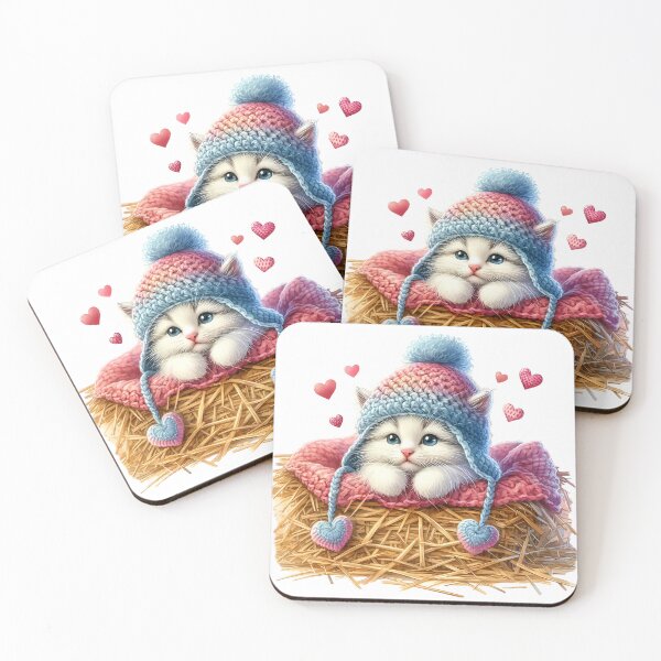Item preview, A cute little kitten in a knitted cap lying on a hayloft with cute hearts all around designed and sold by Niktarka.