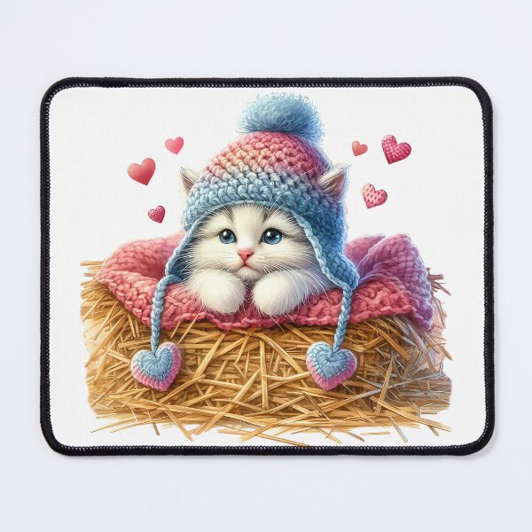 Item preview, A cute little kitten in a knitted cap lying on a hayloft with cute hearts all around designed and sold by Niktarka.