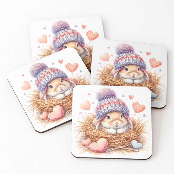 Item preview, A cute little bunny in a knitted hat lying on a hayloft with cute hearts all around. Digital illustration on white background. Vintage style. Illustration for valentine's day. designed and sold by Niktarka.