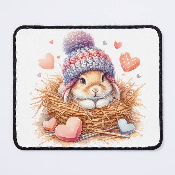 Item preview, A cute little bunny in a knitted hat lying on a hayloft with cute hearts all around. Digital illustration on white background. Vintage style. Illustration for valentine's day. designed and sold by Niktarka.