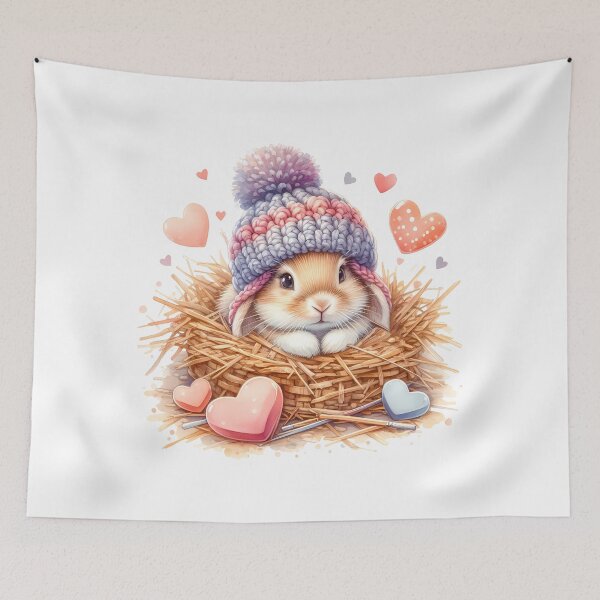 Item preview, A cute little bunny in a knitted hat lying on a hayloft with cute hearts all around. Digital illustration on white background. Vintage style. Illustration for valentine's day. designed and sold by Niktarka.