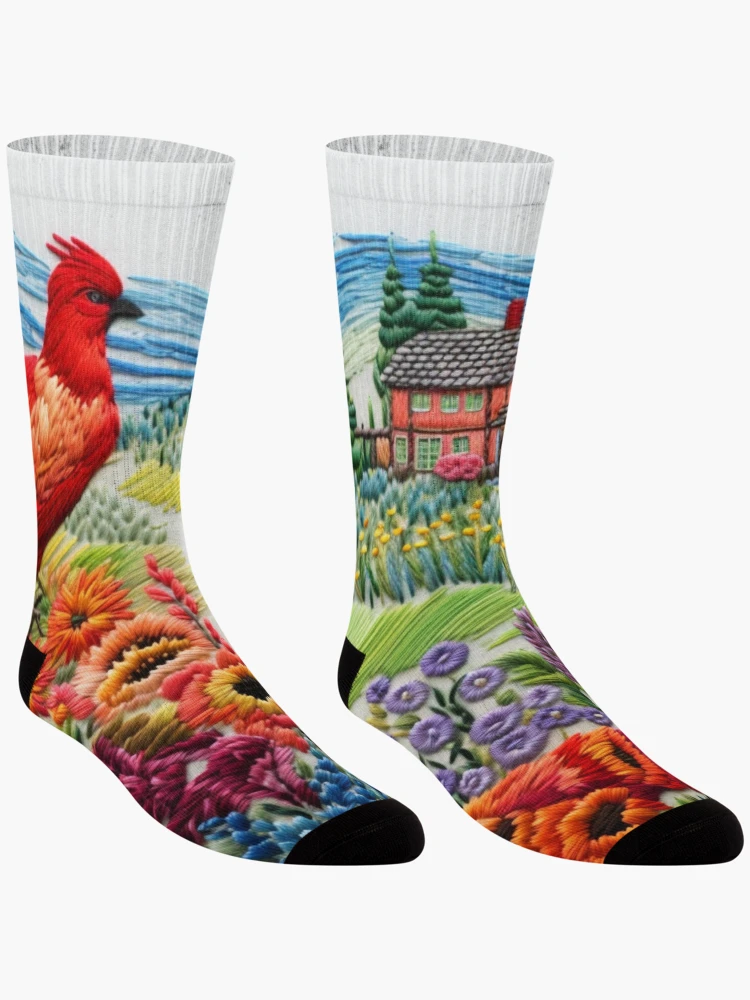 Thumbnail 3 of 5, Socks, Countryside In Embroidery Print II designed and sold by NDMDesignStudio.