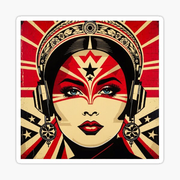 Aperçu de l'œuvre Sonic Elegance : femme style Shepard Fairey avec écouteurs et bijoux créée et vendue par DINBL.