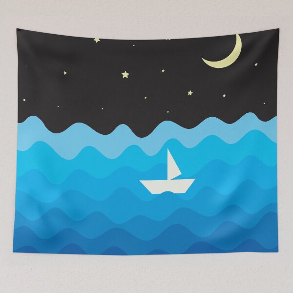 Item preview, night Ocean waves and a boat retro designed and sold by Cuddleblossom.