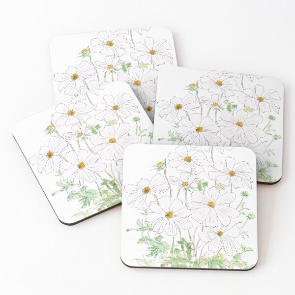 Item preview, white cosmos flowers ink and watercolor hand painted  designed and sold by ColorandColor.