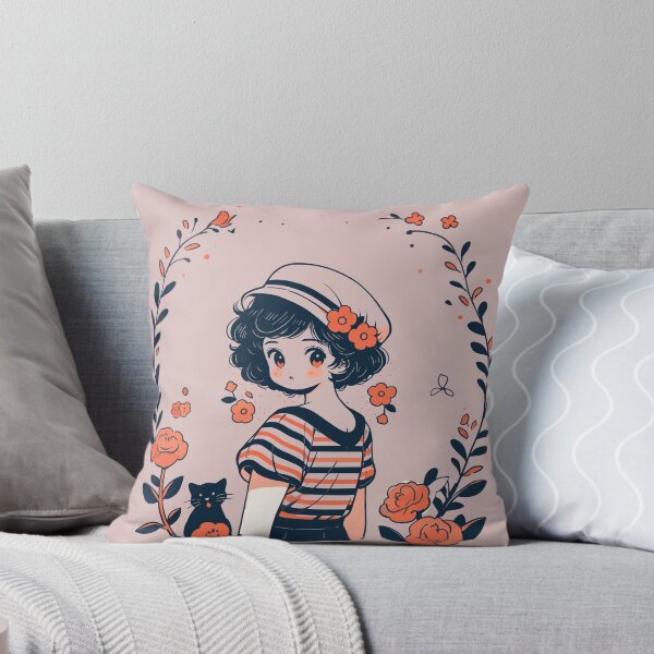 Item preview, Floral Girl with Cat Illustration, Cute Anime Style Art, Japenese girl  Graphic  designed and sold by abartisanstudio.
