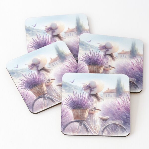 Item preview, Girl with Bicycle picking Lavender Summer landscape designed and sold by ArtUnova.