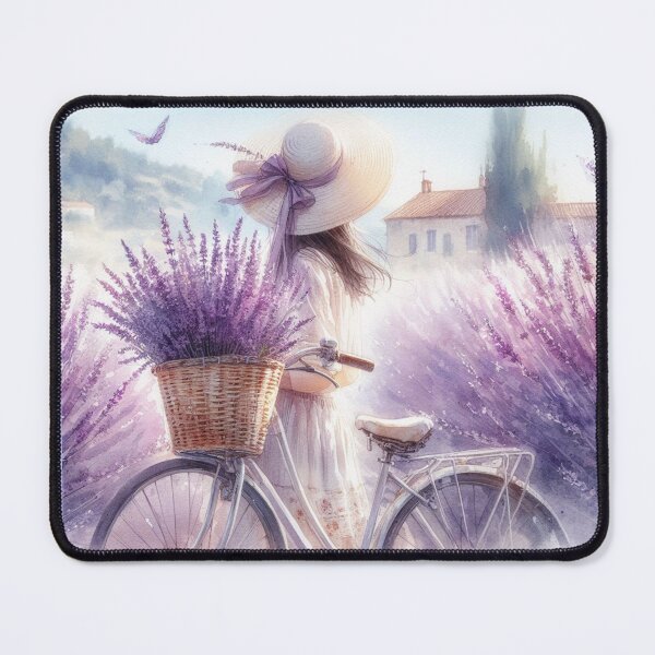 Item preview, Girl with Bicycle picking Lavender Summer landscape designed and sold by ArtUnova.