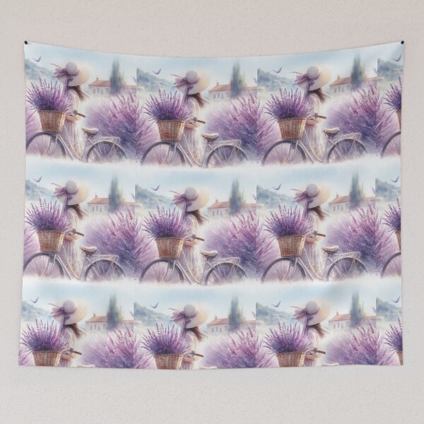 Item preview, Girl with Bicycle picking Lavender Summer landscape designed and sold by ArtUnova.