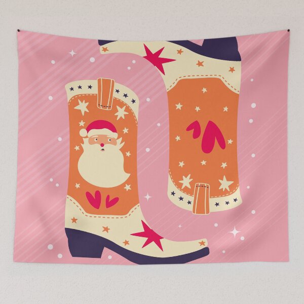Item preview, Christmas cowboy boots with Santa Claus, stars and hearts on pink background. Cute festive winter holiday greeting card vector illustration. Bright colorful design. designed and sold by BlueLela.