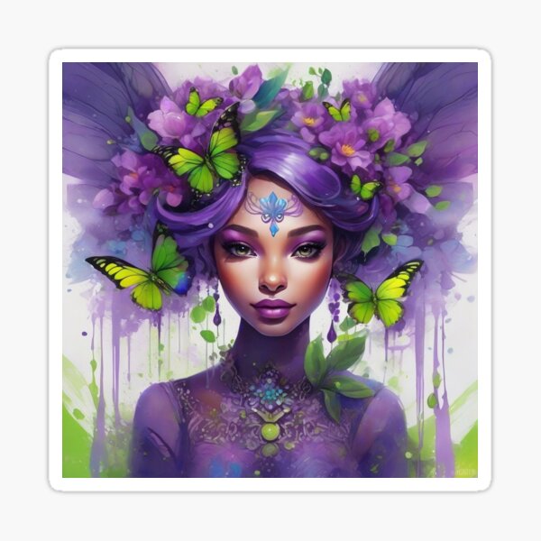 Black Fairy With Purple Water Color Butterfly Wings Sticker