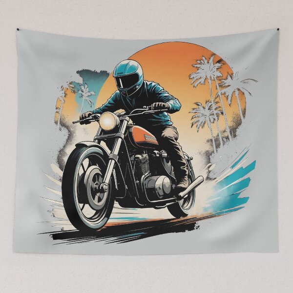 Item preview, Motorcyclist on Vintage Bike Flying Past Palm Trees in Coastal Sunset designed and sold by MindfulVisionz.