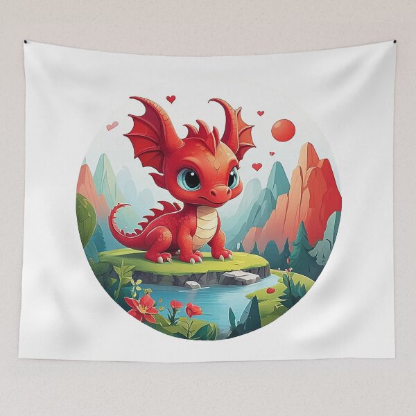 Item preview, Red baby dragon: view of mountains and flowers designed and sold by Minpadesign.