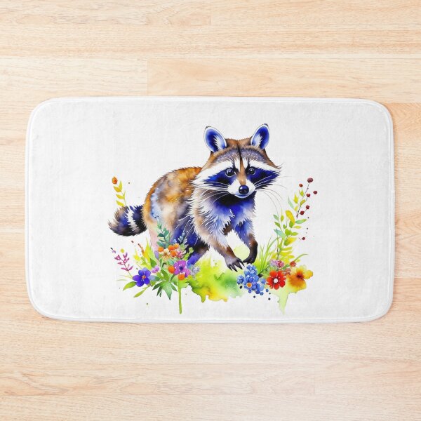 Item preview, Cute Adorable Raccoon Walking  in Bright Flowers Watercolor Paint designed and sold by HippieFarms11.