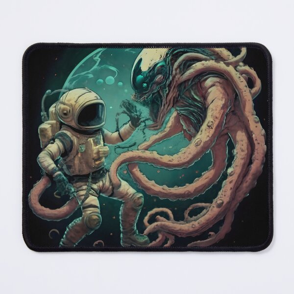 Item preview, Astronaut fighting scary squid alien monster designed and sold by cyberheadscifi.