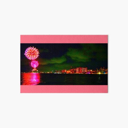 Waikiki illuminated by red fireworks - Wide Landscape Art Board Print