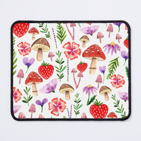 Vista previa del artículo con la obra «Patrón de diseño de superficie floral Funky Mushrooms y Strawberry en rojo y morado», diseñado y vendido por katiewatters.