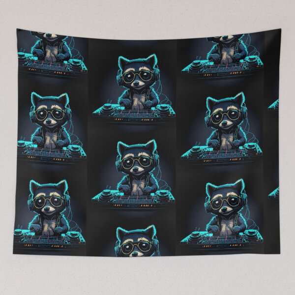 Item preview, DJ Raccoon with neon glow and mixer/ CDJ. designed and sold by Grin.