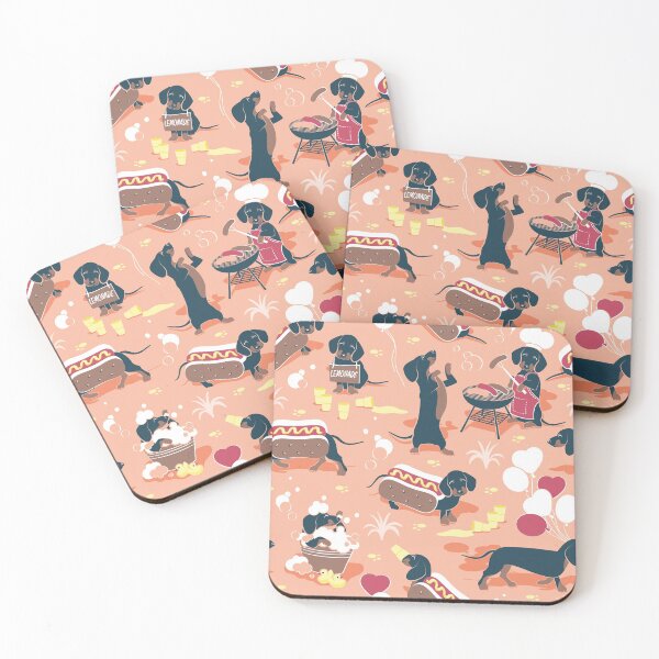 Item preview, Hot dogs and lemonade // flesh background navy and brown dachshunds designed and sold by SelmaCardoso.