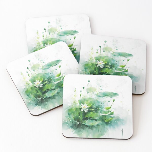 Item preview, green aquatic plants and waterlily impressionism watercolor for wallpaper or decorative art designed and sold by boyangyang.