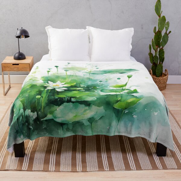 Item preview, green aquatic plants and waterlily impressionism watercolor for wallpaper or decorative art designed and sold by boyangyang.