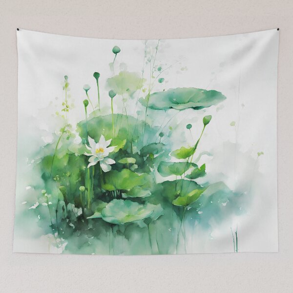 Item preview, green aquatic plants and waterlily impressionism watercolor for wallpaper or decorative art designed and sold by boyangyang.
