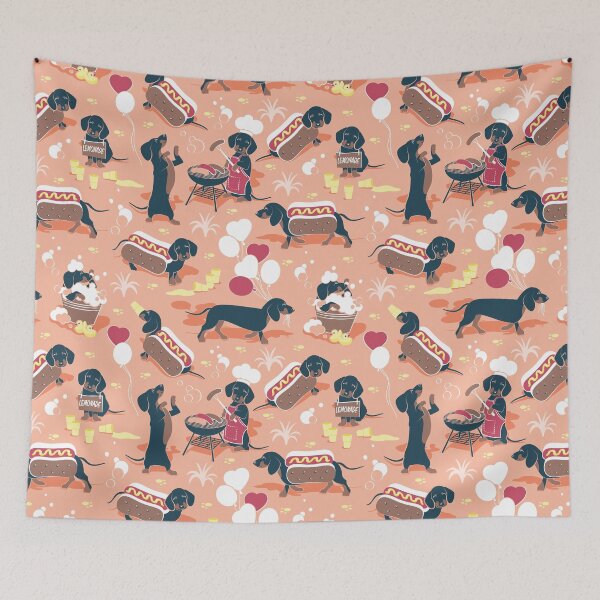 Item preview, Hot dogs and lemonade // flesh background navy and brown dachshunds designed and sold by SelmaCardoso.