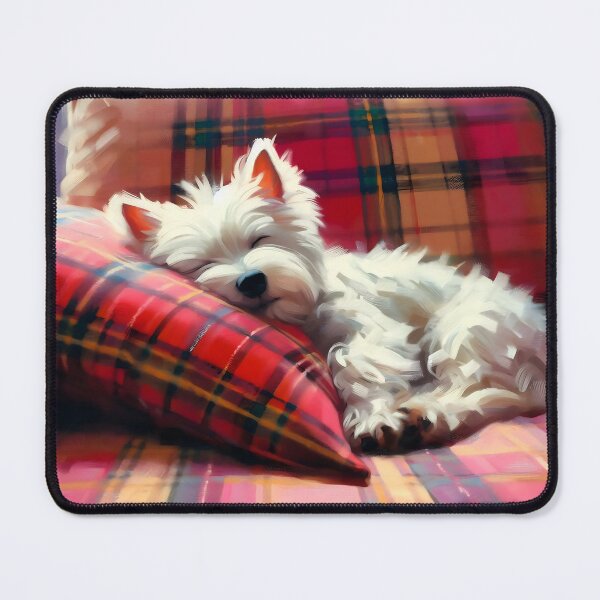 Item preview, Westie sleeping on a tartan pillow designed and sold by WarmAndWestie.