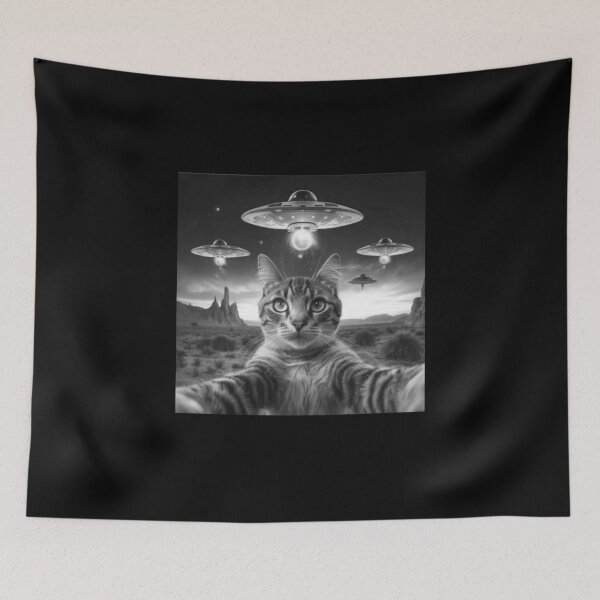 Item preview, Funny Cat Selfie In Front Of UFOs,ThreadWeird Alien Cat UFO designed and sold by love3617.