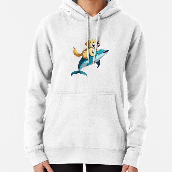 Item preview, happy golden retriever puppy dog riding a cute blue dolphin cartoon designed and sold by planetgolden.