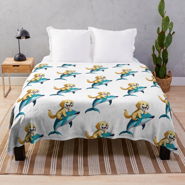 Item preview, happy golden retriever puppy dog riding a cute blue dolphin cartoon designed and sold by planetgolden.