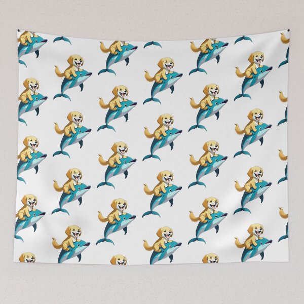 Item preview, happy golden retriever puppy dog riding a cute blue dolphin cartoon designed and sold by planetgolden.