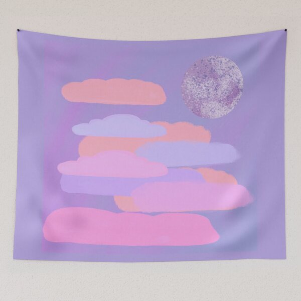 Item preview, Pink, and Purple Clouds with Moon - Hand-drawn designed and sold by Victoria Rose.