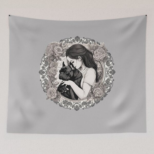 Item preview, French bulldog eternal love, dog mum tenderly hugs a frenchie designed and sold by AriChaber.
