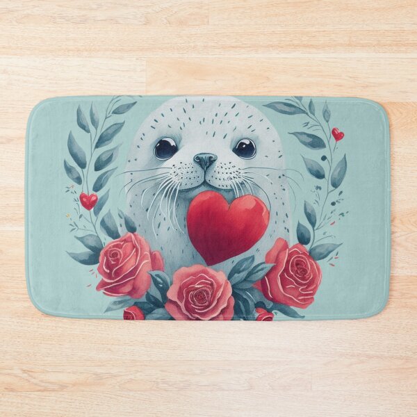 Item preview, Cute, enamored seal with a red heart among roses - small portrait in retro style. designed and sold by SaraSumi.