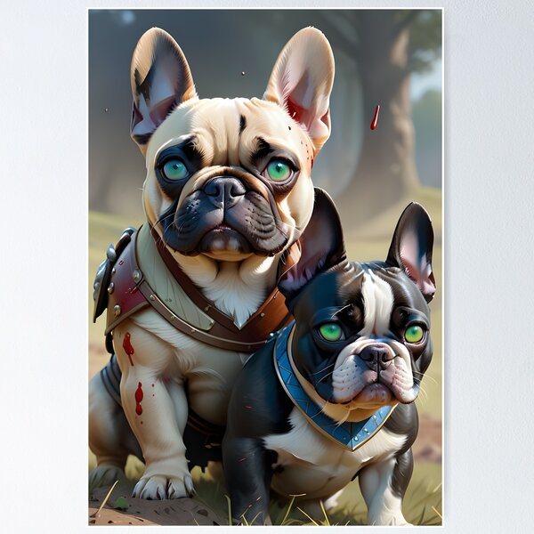 Item preview, Two French Bulldogs as Viking Warriors on the battle field fantasy art pic designed and sold by PineappleBlend.