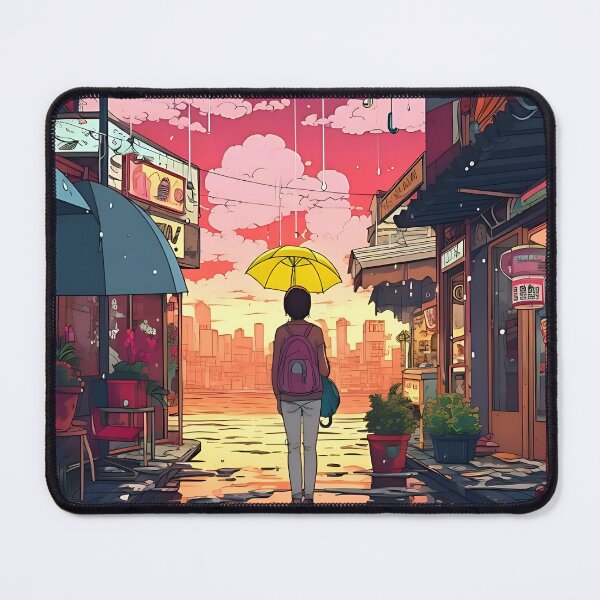 Item preview, Person with an umbrella walks between shops. designed and sold by ArrangedDesigns.