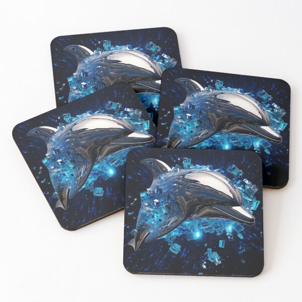 Item preview, Broken glass neon blue chrome dolphin print designed and sold by dcrc.