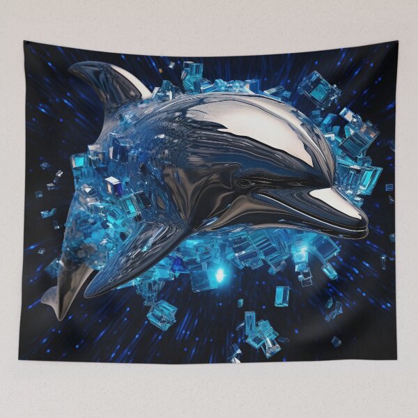 Item preview, Broken glass neon blue chrome dolphin print designed and sold by dcrc.